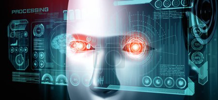 Téléchargez les photos : Illustration 3D XAI Robot humanoid face close up with graphic concept of big data analytic by AI thinking brain, artificial intelligence and machine learning process for the 4th fourth industrial - en image libre de droit