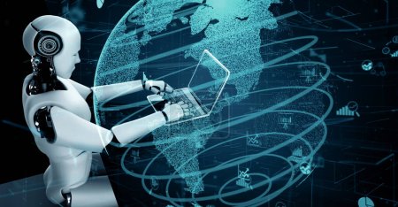 Foto de Ilustración XAI 3D Futuro control de tecnología financiera por robot AI huminoide utiliza el aprendizaje automático y la inteligencia artificial para analizar los datos de negocios y dar consejos sobre la inversión y el comercio - Imagen libre de derechos