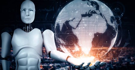 Téléchargez les photos : Illustration 3D XAI Le robot hominoïde AI tenant un écran holographique montre le concept de réseau de communication mondial en utilisant la pensée de l'intelligence artificielle par processus d'apprentissage automatique. Ordinateur de rendu 3D - en image libre de droit