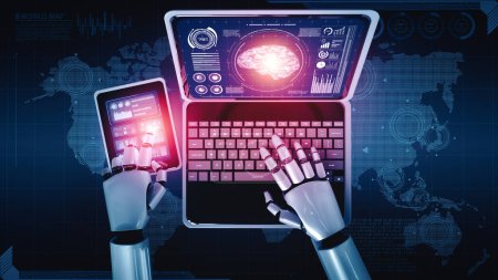 Téléchargez les photos : Illustration 3D XAI Robot humanoïde utiliser un ordinateur portable et s'asseoir à table dans le concept de cerveau de pensée IA, l'intelligence artificielle et le processus d'apprentissage automatique pour la 4ème quatrième révolution industrielle. 3D - en image libre de droit