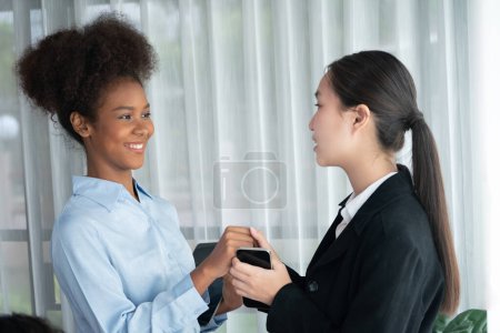Photo for Happy diverse business people work together, discussing in corporate office with tablet. Professional and diversity teamwork discuss business plan. Modern multicultural office worker. Concord - Royalty Free Image