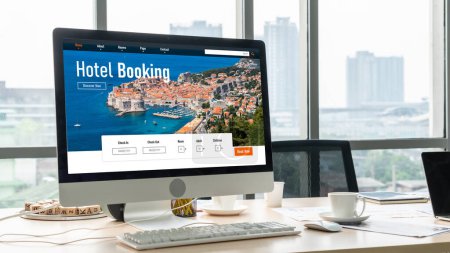 Photo for Online hotel accommodation booking website provide modish reservation system . Travel technology concept . - Royalty Free Image