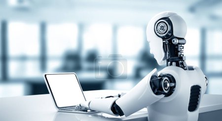 Foto de Ilustración XAI 3D Robot humanoide utilizar el ordenador portátil y sentarse a la mesa en la oficina futura, mientras que el uso de cerebro pensamiento AI, inteligencia artificial y el proceso de aprendizaje automático. Cuarta revolución industrial - Imagen libre de derechos