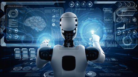 Téléchargez les photos : Illustration 3D XAI robot humanoïde IA touchant écran hologramme virtuel montrant concept de cerveau IA et intelligence artificielle pensée par processus d'apprentissage automatique. Illustration 3D. - en image libre de droit