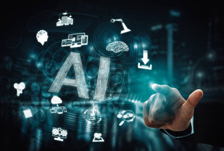 Foto de AI Learning and Artificial Intelligence Concept - Icon Graphic Interface showing computer, machine thinking and AI Artificial Intelligence of Digital Robotic Devices (en inglés). BARROS - Imagen libre de derechos