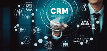 CRM Customer Relationship Management für Business Sales Marketing Systemkonzept präsentiert in futuristischer grafischer Oberfläche der Service-Anwendung zur Unterstützung der CRM-Datenbankanalyse. uds