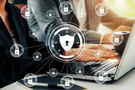 Cybersicherheit und digitales Datenschutzkonzept. Icon-Schnittstelle mit sicherer Firewall-Technologie für den Online-Datenzugriff zum Schutz vor Hackern, Viren und unsicheren Informationen für den Datenschutz. uds
