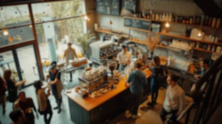 Verschwommener Hintergrund eines geschäftigen Cafés, in dem die Gäste ihre Drinks genießen und Baristas Kaffee zubereiten, wodurch ein lebendiger Gemeinschaftsraum entsteht. Resplenant.