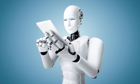 Foto de Ilustración XAI 3D Robot humanoide utilizar el teléfono móvil o tableta en la oficina futura, mientras que el uso de IA cerebro pensamiento, inteligencia artificial y el proceso de aprendizaje automático. 4ª revolución industrial 3D - Imagen libre de derechos