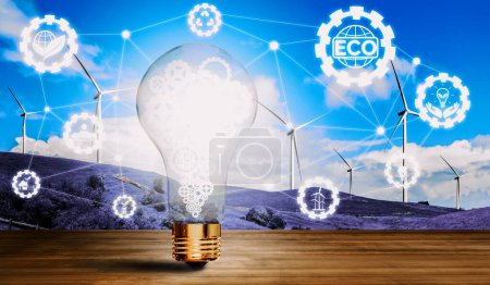 Téléchargez les photos : Ampoule d'innovation énergétique verte avec future industrie de production d'énergie icône interface graphique. Concept de développement durable par les énergies alternatives. uds - en image libre de droit