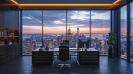 Photo for A softly blurred image of a high-rise office with a panoramic city view during dusk, showcasing the glow of a setting sun against skyscrapers. Resplendent. - Royalty Free Image