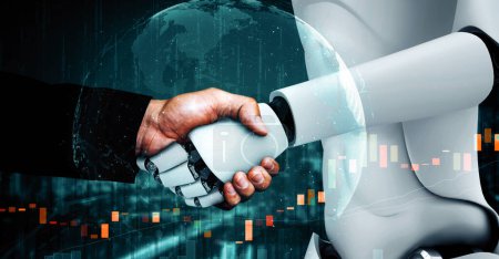 Téléchargez les photos : XAI illustration 3d poignée de main robot hominoïde avec graphique de trading boursier montrant la décision d'achat et de vente par le cerveau de pensée IA, l'intelligence artificielle et le processus d'apprentissage automatique. - en image libre de droit