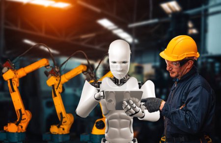 Photo for XAI Mechanized industry robot and human worker working together in future factory. Concept of artificial intelligence for industrial revolution and automation manufacturing process. - Royalty Free Image