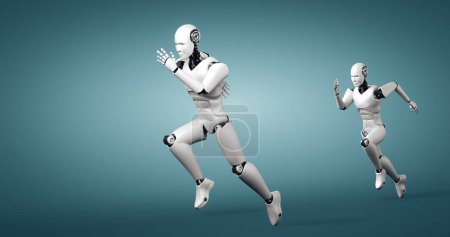 Foto de Ilustración XAI 3D Robot humanoide en funcionamiento que muestra movimiento rápido y energía vital en concepto de desarrollo futuro de la innovación hacia el cerebro AI y el pensamiento de inteligencia artificial mediante el aprendizaje automático - Imagen libre de derechos