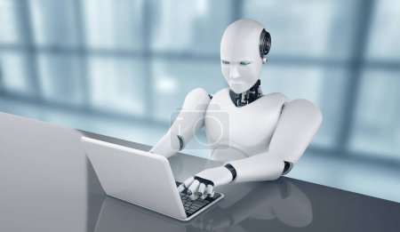 Téléchargez les photos : Illustration 3D XAI Robot humanoïde utiliser un ordinateur portable et s'asseoir à la table dans le futur bureau tout en utilisant le cerveau de pensée IA, l'intelligence artificielle et le processus d'apprentissage automatique. 4ème quatrième révolution industrielle - en image libre de droit