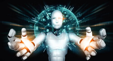 Foto de Ilustración XAI 3D El robot humanoide AI que sostiene la pantalla del holograma muestra el concepto de red global de la comunicación usando el pensamiento de la inteligencia artificial por el proceso de aprendizaje automático. Ordenador de ilustración 3D - Imagen libre de derechos
