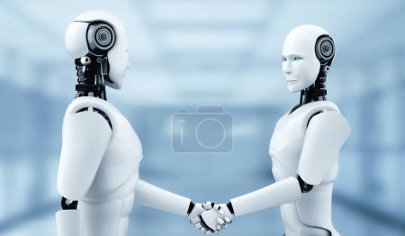 Foto de XAI 3d ilustración humanoide robot apretón de manos para colaborar en el desarrollo futuro de la tecnología por el cerebro pensamiento AI, la inteligencia artificial y el proceso de aprendizaje automático para la cuarta revolución industrial. - Imagen libre de derechos