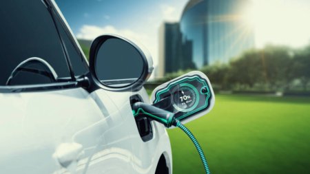 Photo for EV car plug in with charging station to recharge electricity from EV charger display battery status hologram in green park as futuristic eco lifestyle in city and utilization of clean energy. Peruse - Royalty Free Image