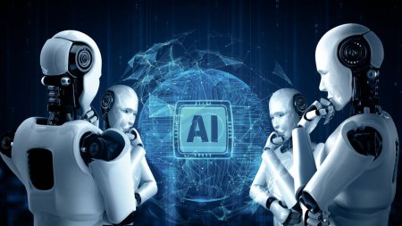 Foto de Ilustración XAI 3D Pensamiento Robot hominoide AI que analiza la pantalla del holograma mostrando el concepto de cerebro AI y pensamiento de inteligencia artificial por proceso de aprendizaje automático. Renderizado 3D. - Imagen libre de derechos