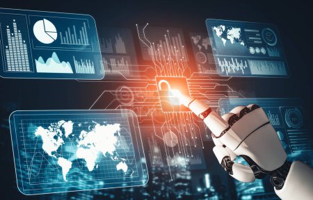 Téléchargez les photos : XAI 3D rend futuriste développement de la technologie de robot droïde, intelligence artificielle IA, et concept d'apprentissage automatique. Recherche mondiale en sciences bioniques robotiques pour l'avenir de la vie humaine. - en image libre de droit
