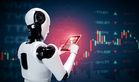 Téléchargez les photos : Illustration 3D XAI Robot humanoïde utilisant un ordinateur tablette dans le concept de trading boursier par intelligence artificielle, intelligence artificielle et processus d'apprentissage automatique. Illustration 3D. - en image libre de droit