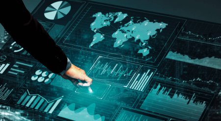 Big Data Technologie für Business Finance Analytic Concept. Moderne grafische Benutzeroberfläche zeigt massive Informationen des Geschäftsverkaufs Bericht, Gewinndiagramm und Börsentrends Analyse auf dem Bildschirm-Monitor.