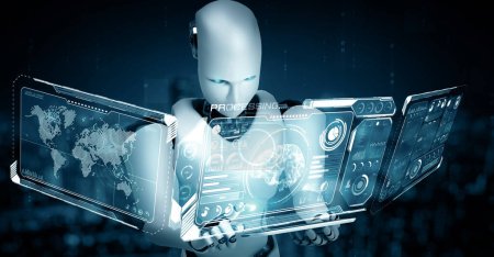 Téléchargez les photos : Illustration 3D XAI Hominoïde robot utilisant un ordinateur tablette pour l'analyse de mégadonnées utilisant la pensée IA cerveau, intelligence artificielle et processus d'apprentissage automatique pour la 4ème quatrième révolution industrielle - en image libre de droit