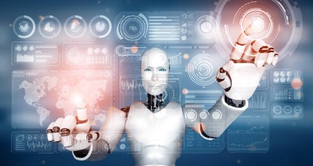 Téléchargez les photos : Illustration 3D XAI Robot humanoïde IA touchant écran holographique virtuel montrant le concept d'analyse de mégadonnées en utilisant la pensée de l'intelligence artificielle par processus d'apprentissage automatique. Illustration 3D. - en image libre de droit