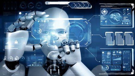 Téléchargez les photos : Illustration 3D XAI Robot hominoïde tenir écran d'hologramme HUD dans le concept de cerveau de pensée IA, intelligence artificielle et processus d'apprentissage automatique pour la 4ème quatrième révolution industrielle. rendu 3D - en image libre de droit
