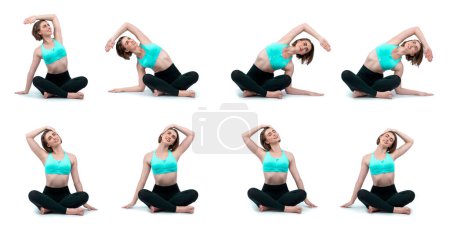 Photo for Healthy and active young woman in sportswear with different professional fitness posture set of yoga training session. Meditation yoga exercise on isolated background in gaiety full body length shot. - Royalty Free Image