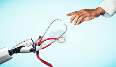 Foto de XAI 3D renderizado robot droide de inteligencia artificial médica que trabaja en el futuro hospital. Salud protésica futurista para el concepto de paciente y tecnología biomédica. - Imagen libre de derechos