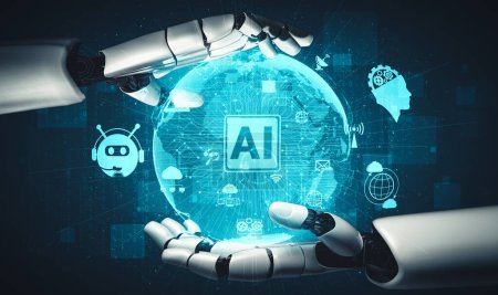 Téléchargez les photos : XAI 3D rendu intelligence artificielle Recherche IA de robot droïde et développement de cyborgs pour l'avenir des personnes vivant. Conception de technologies numériques d'exploration de données et d'apprentissage automatique pour cerveau d'ordinateur. - en image libre de droit