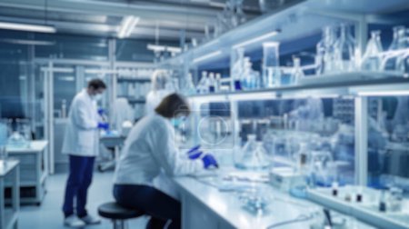 Une photographie floue capturant l'activité animée des scientifiques en blouse de laboratoire effectuant des recherches dans un laboratoire moderne et bien équipé. Resplendissant.