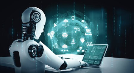 Téléchargez les photos : Illustration 3D XAI Robot humanoïde utiliser un ordinateur portable et s'asseoir à table pour la connexion au réseau mondial en utilisant la pensée IA cerveau, l'intelligence artificielle et le processus d'apprentissage automatique pour la 4e industrielle - en image libre de droit