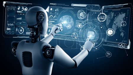 Foto de Ilustración XAI 3D Robot hominoide AI tocando la pantalla del holograma virtual mostrando el concepto de cerebro AI e inteligencia artificial pensando por proceso de aprendizaje automático. Renderizado 3D. - Imagen libre de derechos