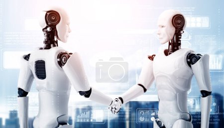 Téléchargez les photos : XAI 3d illustration poignée de main robot humanoïde pour collaborer développement technologique futur par intelligence artificielle pensée cerveau, intelligence artificielle et processus d'apprentissage automatique pour la 4ème révolution industrielle. - en image libre de droit