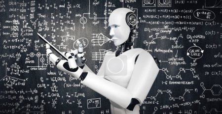 Téléchargez les photos : Illustration 3D XAI Robot humanoïde utiliser un téléphone portable ou une tablette pour étudier les sciences de l'ingénieur en utilisant la pensée IA cerveau, l'intelligence artificielle et le processus d'apprentissage automatique pour la 4ème industrielle - en image libre de droit