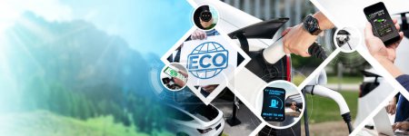 Téléchargez les photos : La recharge des véhicules électriques électriques EV et la technologie durable de l'énergie verte LCA présentées en collage photo panoramique bannière montrant une vue écologique du véhicule électrique et de la voiture hybride pour le futur ESG - en image libre de droit