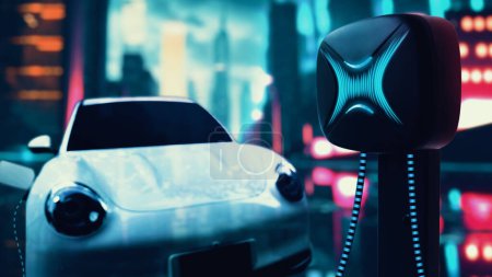 Photo for Electric car plugged in with charging station to recharge battery with electricity by EV charger cable in dark blue futuristic cyberpunk city night . Innovative ev car and energy sustainability.Peruse - Royalty Free Image