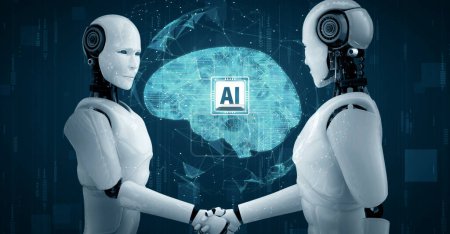 Téléchargez les photos : XAI illustration 3D poignée de main robot hominoïde pour collaborer développement technologique futur par intelligence artificielle pensée cerveau, intelligence artificielle et processus d'apprentissage automatique pour la 4ème révolution industrielle. - en image libre de droit
