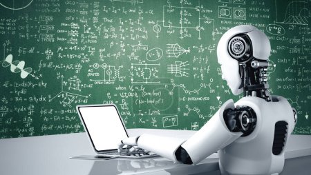 Téléchargez les photos : Illustration 3D XAI Robot humanoïde utiliser un ordinateur portable et s'asseoir à la table pour étudier les sciences de l'ingénierie en utilisant la pensée IA cerveau, l'intelligence artificielle et le processus d'apprentissage automatique pour la 4e industrielle - en image libre de droit
