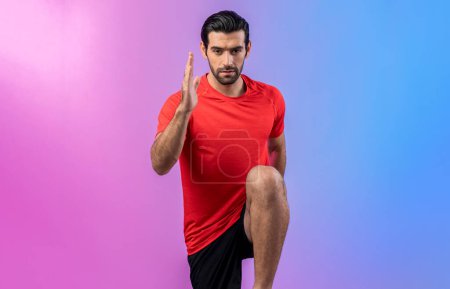 Photo for Full body length gaiety shot athletic and sporty young man fitness running cardio exercise posture on isolated background. Healthy active and body care lifestyle. - Royalty Free Image