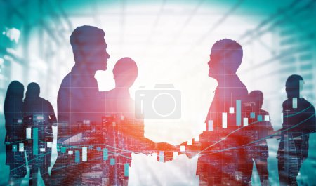 Photo for Double exposure image of many business people conference group meeting on city office building in background showing partnership success of business deal. Concept of teamwork, trust and agreement. uds - Royalty Free Image