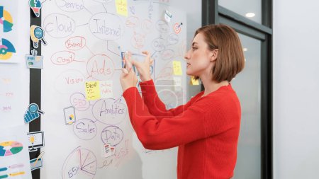 Photo for Professional attractive female leader presents creative marketing plan by using brainstorming mind mapping statistic graph and colorful sticky note at modern business meeting room. Immaculate. - Royalty Free Image
