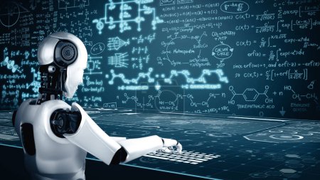 Téléchargez les photos : Illustration 3D XAI Robot hominoïde utiliser un ordinateur portable et s'asseoir à la table pour étudier les sciences de l'ingénierie en utilisant la pensée IA cerveau, l'intelligence artificielle et le processus d'apprentissage automatique pour la 4e industrielle - en image libre de droit