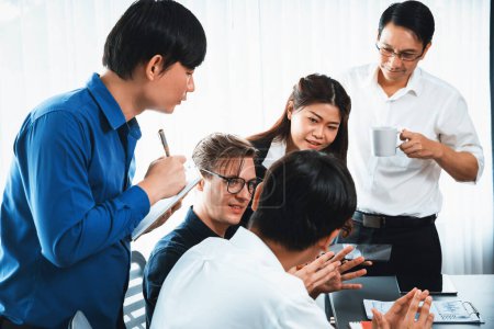 Photo for Group of diverse office worker employee working together on strategic business marketing planning in corporate office room. Positive teamwork in business workplace concept. Prudent - Royalty Free Image