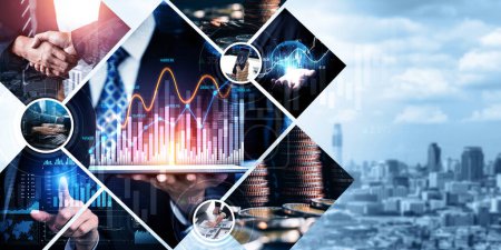 Photo for Futuristic business digital financial data technology concept for future big data analytic and business intelligence research for businessman analyst invest decisions making panoramic banner kudos - Royalty Free Image