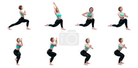 Photo for Healthy and active young woman in sportswear with different professional fitness posture set of squat training with meditation yoga exercise on isolated background in gaiety full body length shot. - Royalty Free Image
