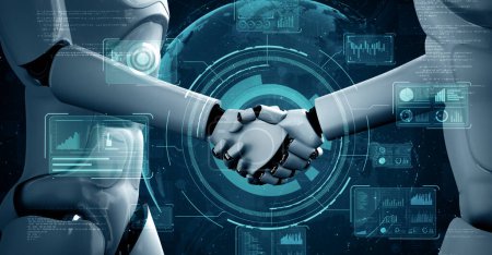 Foto de XAI 3d ilustración hominoide robot apretón de manos para colaborar en el desarrollo futuro de la tecnología por el cerebro de pensamiento AI, inteligencia artificial y el proceso de aprendizaje automático para la cuarta revolución industrial. - Imagen libre de derechos