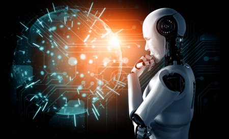 Foto de Ilustración XAI 3D El robot humanoide AI que analiza la pantalla del holograma muestra el concepto de la comunicación global de la red usando la inteligencia artificial por el proceso de aprendizaje automático. Ilustración 3D - Imagen libre de derechos